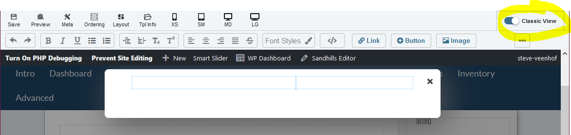 Empty pop=up window with 2 editable areas
